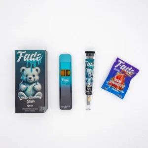 FADE - 3-IN-1 - 2G DISPOSABLE VAPE V.2 (LIQUID DIAMONDS X LIVE RESIN)+ 1G INFUSED PREROLL + 100MG GUMMY - Disposable (White Gummy Bear-Hybrid) X Preroll (White Gummy Bear-Hybrid) X Gummy (Wild Strawberry)
